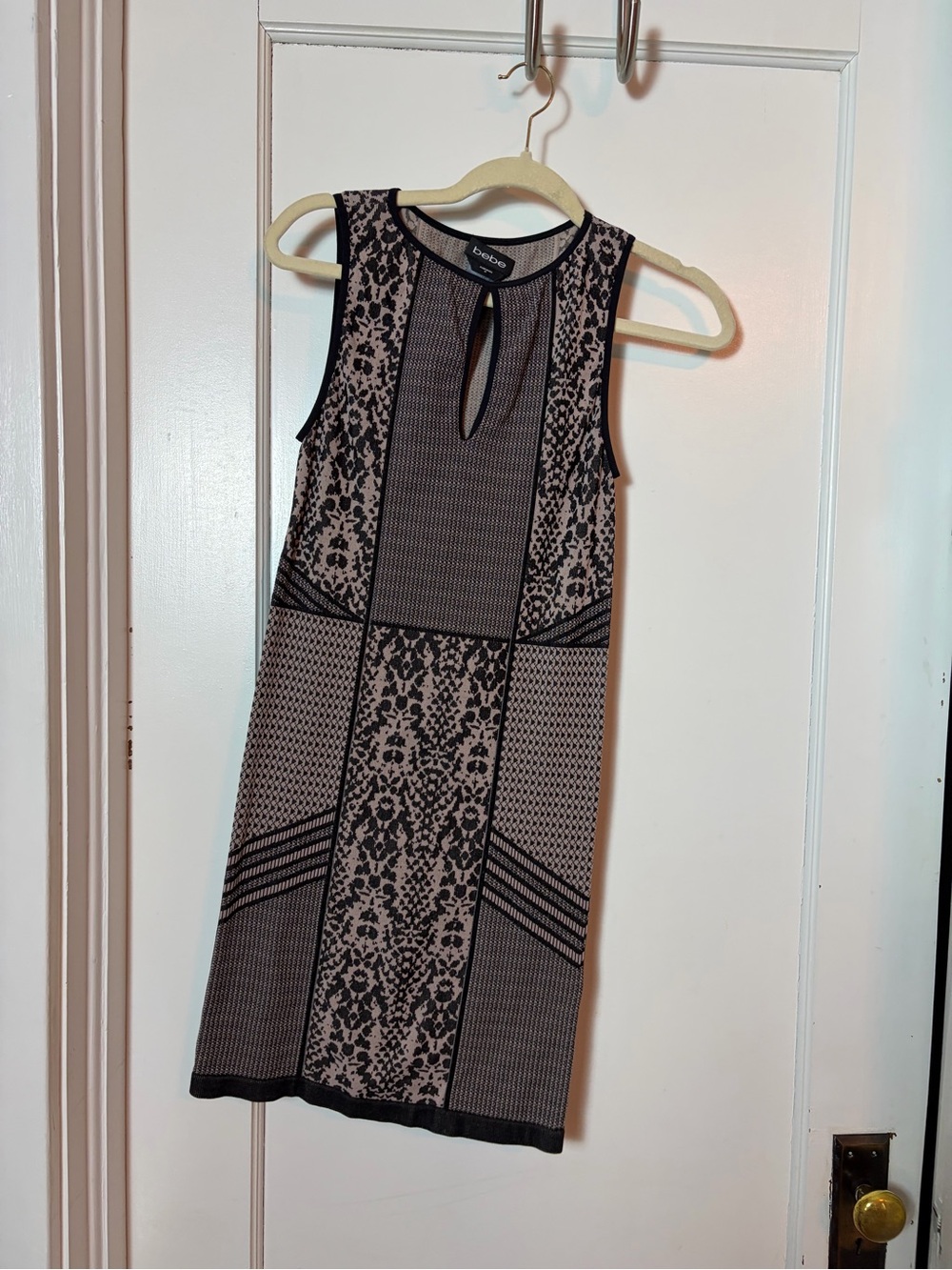 bebe Body Con Black and Taupe Sleeveless Knit Midi Dress with Keyhole
